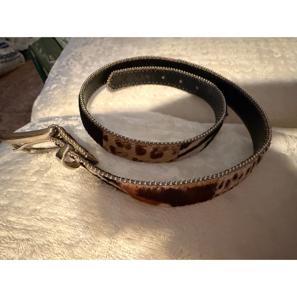 Elite Patchwork Animal Print Hair on Hide Belt Beaded Gold Trim Medium